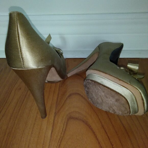 Gold Satin Heels With Ribbon Tie Detail - Picture 2 of 6